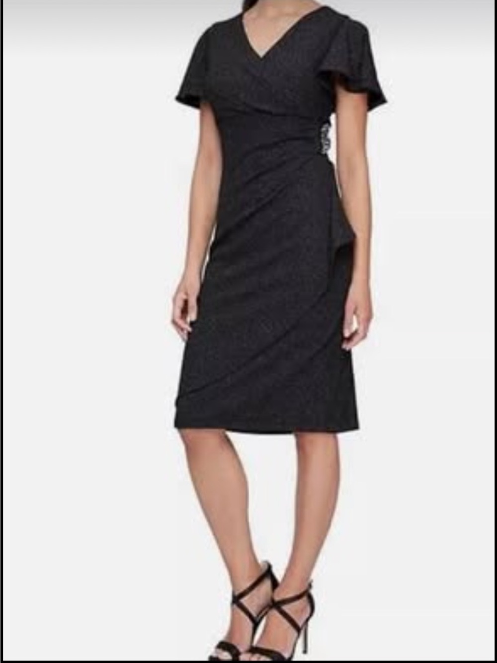 NWT Size:6 S.L. Fashions Metallic Knit Sheath Dress with Flutter Sleeve /Details